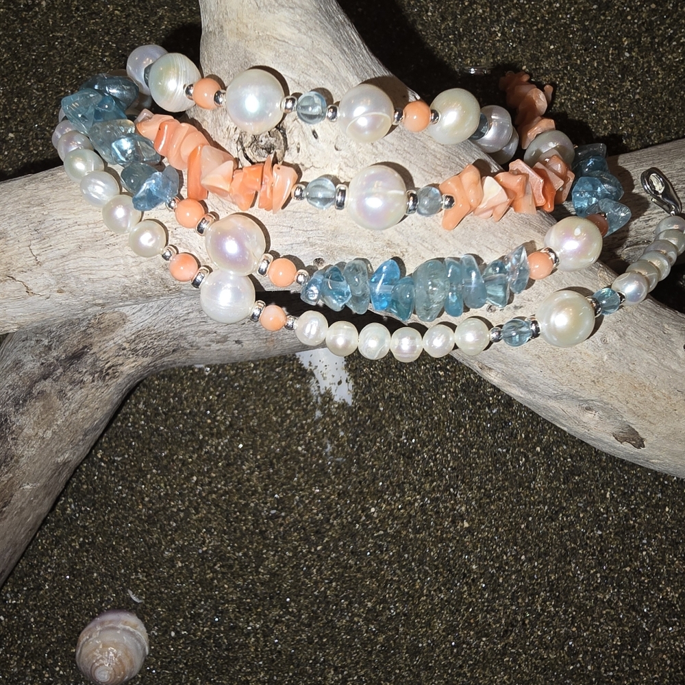 SS 925 CORAL APATITE FRESHWATER PEARL 4PC BRACELET SET